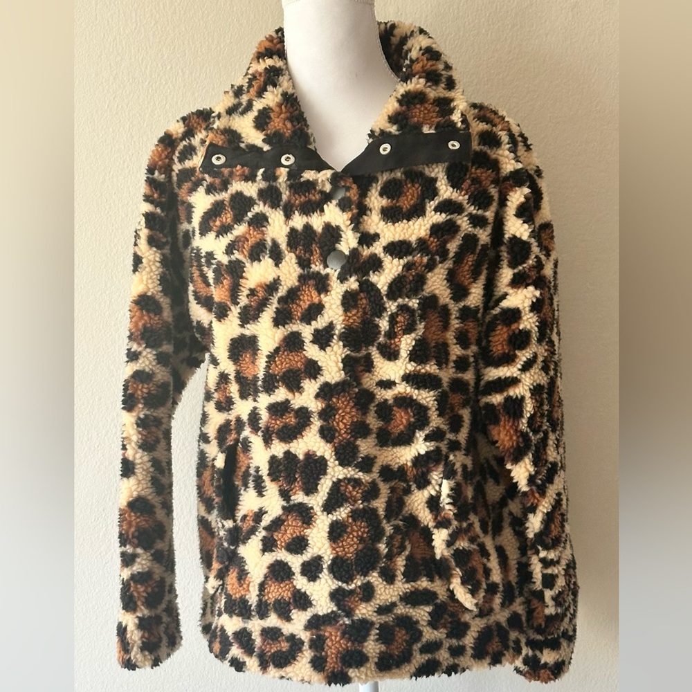 Jcrew leopard print vintage fleece snap front pullover